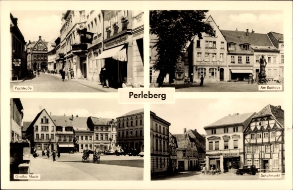Postcard Perleberg in the Prignitz, Poststraße, Rathaus, Großer Markt, Schuhmarkt