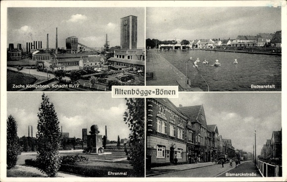 Postcard Altenbögge Bönen in Westphalia, Königsborn mine shaft III/IV, outdoor swimming pool, memorial, Bismarckstraße