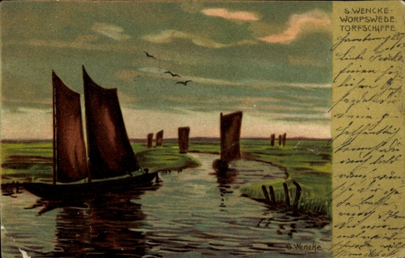 Artist Postcard Wencke, S., Worpswede in Lower Saxony, peat ships, landscape view, NKG