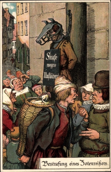 Künstler Litho Jodolfi, Bestrafung eines Zotenreißers, Hundemaske, Strafe wegen Unfläterei