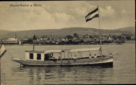Postcard Niederwalluf Walluf am Rhein, boat, flag