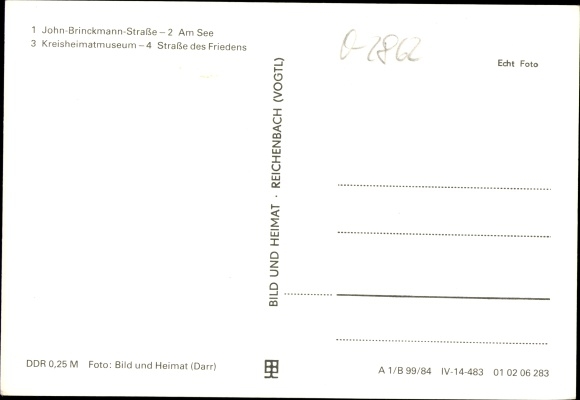 Postcard Goldberg in Mecklenburg, John Brinckmann Str., local history museum, lake, street of peace
