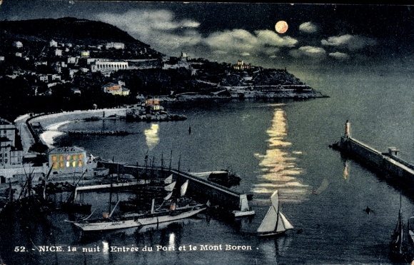 KP Nice Alpes Maritimes, nocny widok na port, Mont Boron, światło księżyca