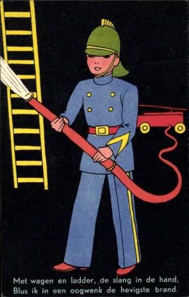 Postcard fire department, firefighter, hose, ladder