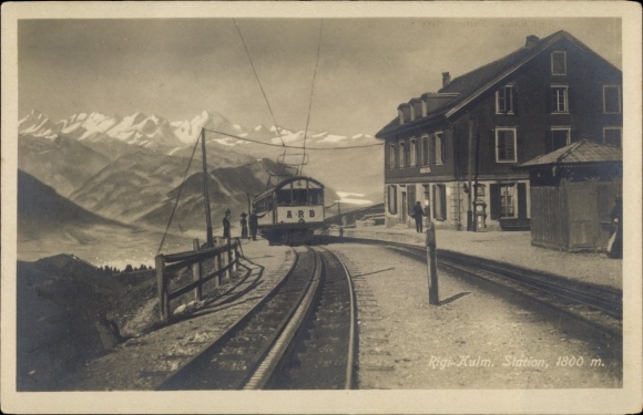 Postcard Rigi Kulm Canton Schwyz, train station, track side, rack railway