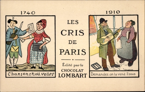 Artist Postcard Les Cris de Paris, Chocolat Lombart, advertising, street musicians