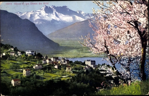 KP Glion Montreux Canton Vaud, krajobraz górski, kwitnące drzewa, jezioro, ośnieżone góry
