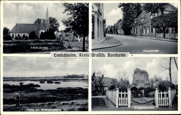 Ak Emlichheim in der Grafschaft Bentheim, Altref. Kirche, Hauptstraße, Woltmannsberg, Kriegerdenkmal