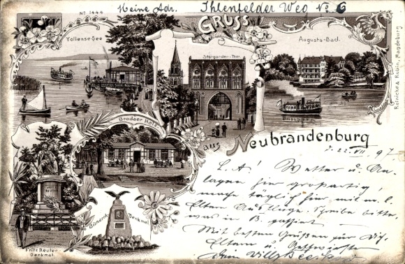 Litho Neubrandenburg in Mecklenburg, Stargarder Tor, Augusta-Bad, Fritz Reuter-Denkmal