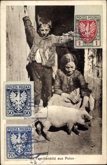 Postcard Poland, children with a pig