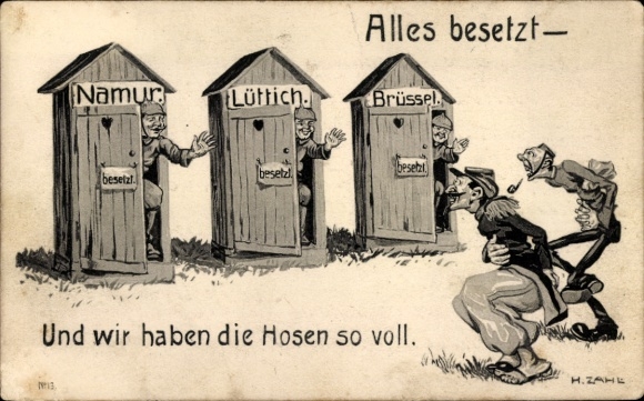 Artist Postcard Zahl, H., German soldiers, toilets, Namur, Liège, Brussels, all occupied