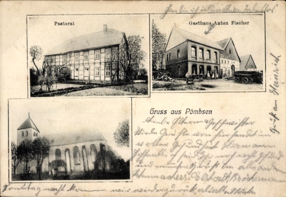 Postcard Pömbsen Bad Driburg in Westphalia, pastorate, Anton Fischer Inn, church