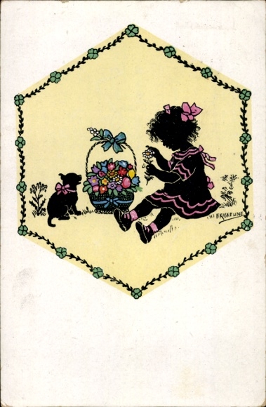 Paper cutting artist Postcard Kaskeline, F., girl, flower basket, dog