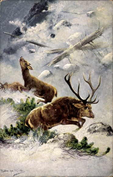 Artist PC Müller, M. jun., deer flee from an avalanche