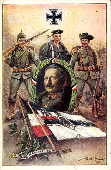 Künstler Ak Stöwer, Willy, Durch Kampf zum Sieg, Kolonialkriegerdank, Fahnen, Seemann, Soldaten