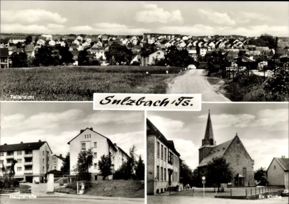 Postcard Sulzbach im Taunus, Protestant church, main street, partial view
