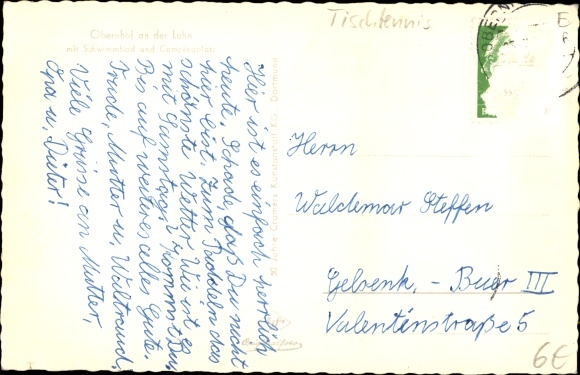 Postcard Obernhof an der Lahn, view over the town, tents, table tennis table