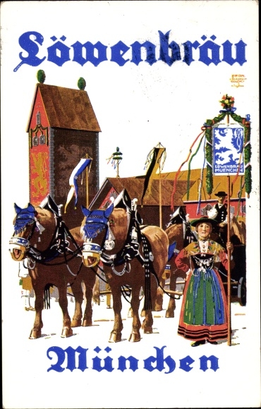 Artist PC Munich Bavaria, Oktoberfest, team of horses from the Löwenbräu brewery, Bavarian costume