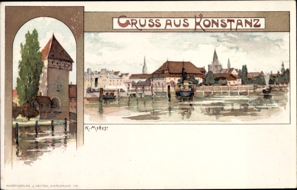Artist Chromo-Litho Mutter, K., Constance on Lake Constance, city view, tower