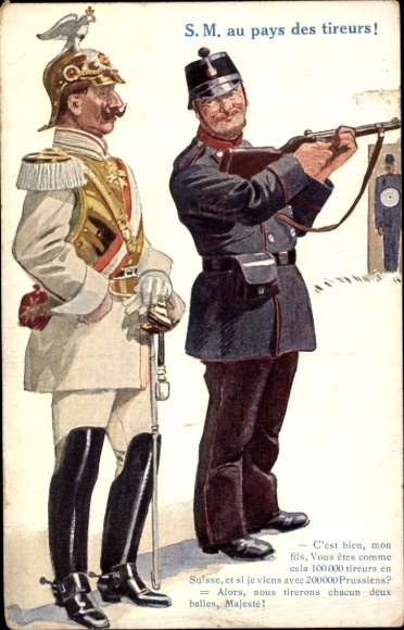 Jego Wysokość w kraju najlepszych strzelców, cesarz Wilhelm II, wizyta w Szwajcarii, żołnierz