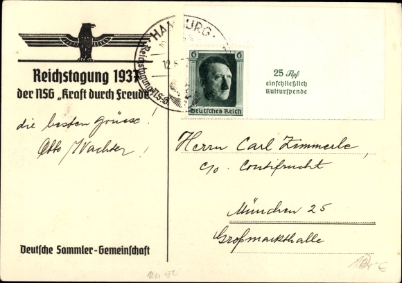 Postcard Ships of the KDF fleet leaving the port of Hamburg, Reichstag 1937