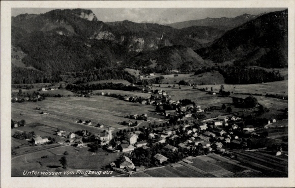 Postcard Unterwössen in Upper Bavaria, aerial photograph, mountains, villages, fields, airplane view