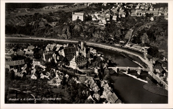 Postcard Runkel an der Lahn, aerial view of Runkel with Lahn, castle and town view
