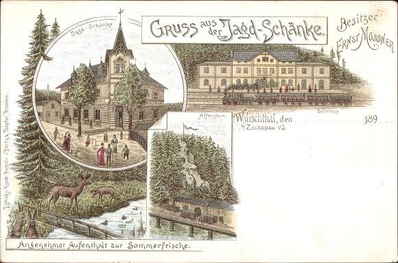 Litho Wilischthal Zschopau, Jagdschänke, Affenstein, Rehe