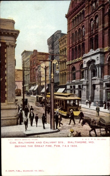 Ansichtkaart Baltimore Maryland USA, stadsgezicht tram, gebouwen, vóór de grote brand van 1904