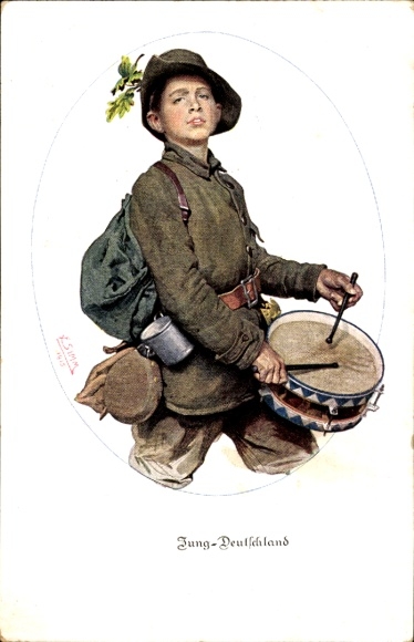 Artist Postcard Jung Deutschland, youth brigade, drummers, Bavarian State Committee for Voluntary Nursing