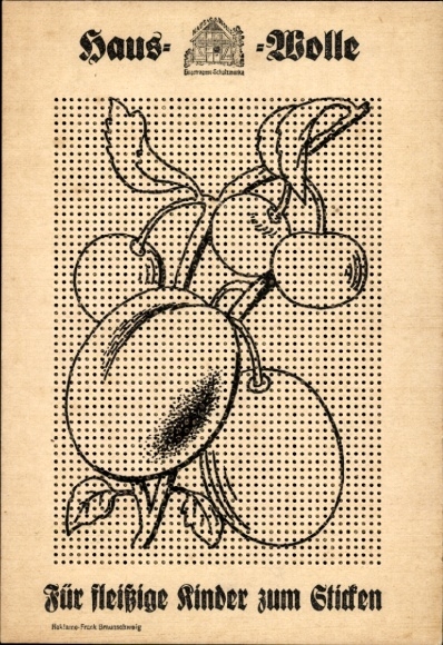 Postcard Haus Wolle, Advertisement, For hardworking children to embroider, Fruit bush