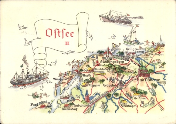 Maps Postcard Rerik, Baltic Sea, Buk, Wustrow, Poel, Kühlungsborn, Bad Doberan