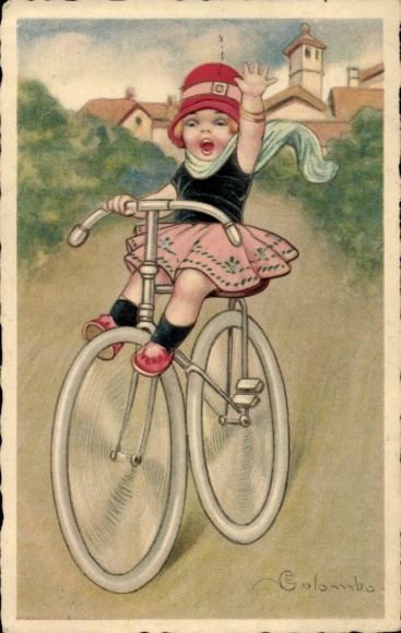 Artist Postcard Colombo, E., Girl riding a bike