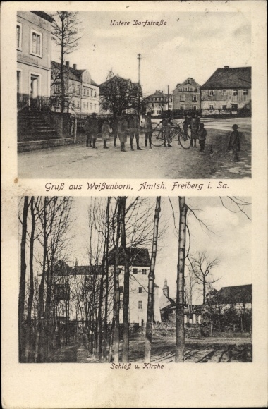Postcard Weißenborn in the Ore Mountains, Untere Dorfstrasse, castle and church