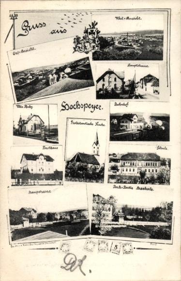 Postcard Hochspeyer in the Palatinate Forest, general view, church, train station, main street, school