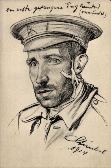 Artist Postcard the first captured Englishman, prisoner of war, wounded, 1914, WWI