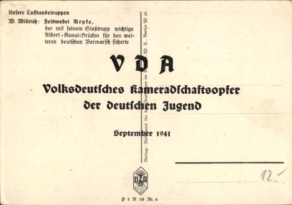 Artist Postcard Willrich, Wolfgang, Sergeant Helmut Arpke, Knight's Cross recipient, VDA School Collection 1940