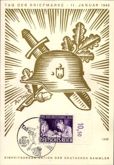 Kunstenaarsbriefkaart Axster Heudtlaß, Postzegeldag 1942, KdF