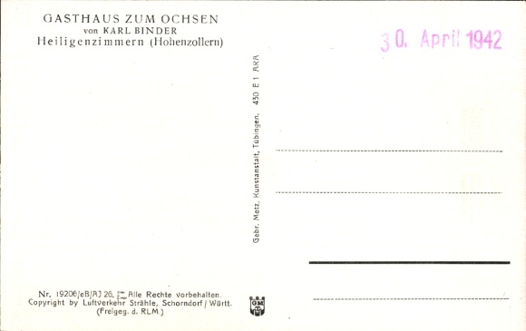 Postcard Heiligenzimmern Rosenfeld in the Zollernalbkreis Württemberg, aerial photograph, Gasthaus zum Ochsen