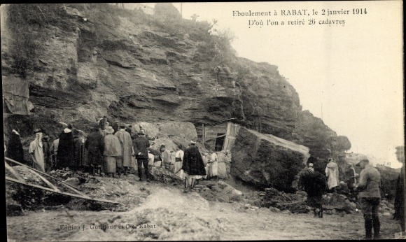 Postcard Rabat Marokko, landslide on January 2, 1914, from which 26 corpses were removed