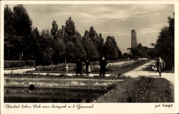 Postcard Baltic Sea resort Laboe, Marine Memorial, spa park