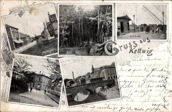 Postcard Kettwig Essen in the Ruhr area, market square, train station, Ruhr bridge, old bridge
