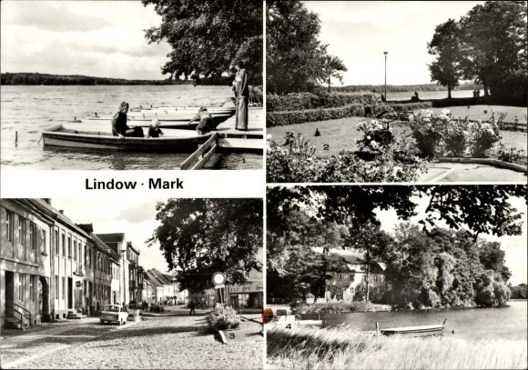Postcard Lindow in the Mark, boat rentals at Gudelacksee, sundial, market square, Wutzsee, monastery