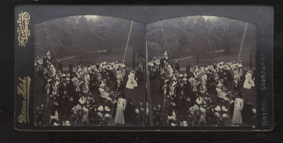 Stereo photo, Bazaar Shortlands House, ladies with hats and umbrellas in park, June 1900