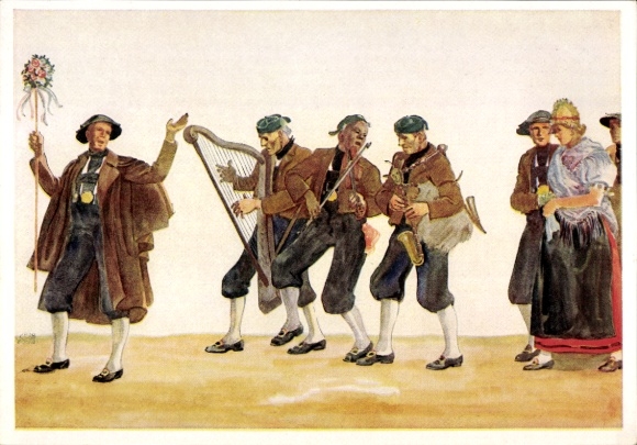 Kunstenaarskaart Schönecker, Toni, Egerländer huwelijksstoet, kostuums, Sudeten-Duitsers