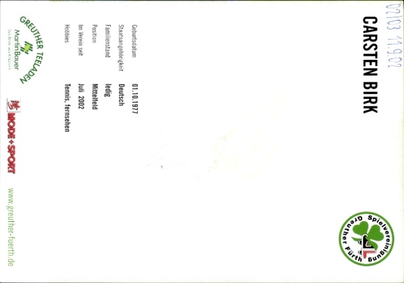 Autograph card footballer Carsten Birk, SpVgg Greuther Fürth, autograph