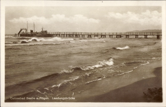 Postcard Baltic Sea resort Baabe on Rügen, landing stage, Baltic Sea resort Baabe, boat landing stage, waves