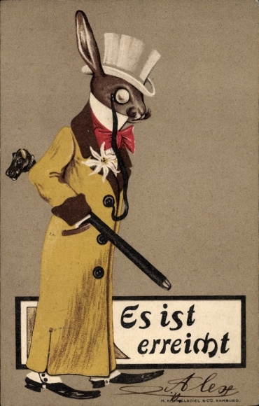 Künstler Ak Es ist erreicht, vermenschlichter Hase mit Zylinder, Monokel, Mantel und Spazierstock