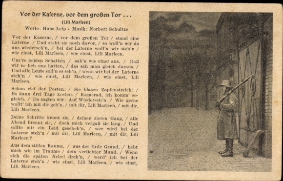 Song Postcard Before the barracks, before the big gate, Lili Marleen, Hans Leip, Norbert Schultze