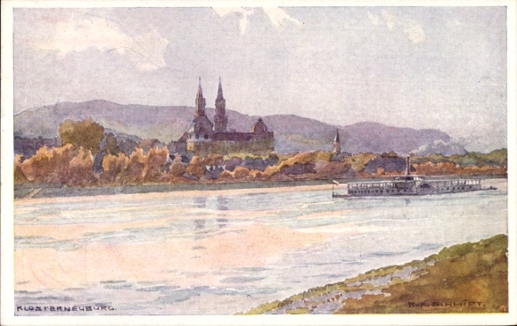 Artysta KP Schmidt, R., Klosterneuburg Dolna Austria, odcinek Dunaju, parowiec salonowy